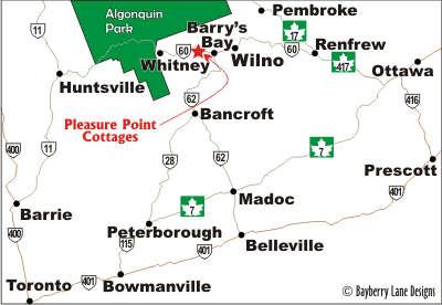 Map of Eastern Ontario showing Pleasure Point Cottages